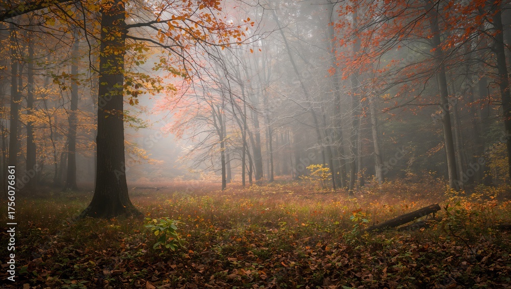 Fototapeta premium Fog wraps the trees in a forest during fall, with leaves and grass dressed in autumn colors