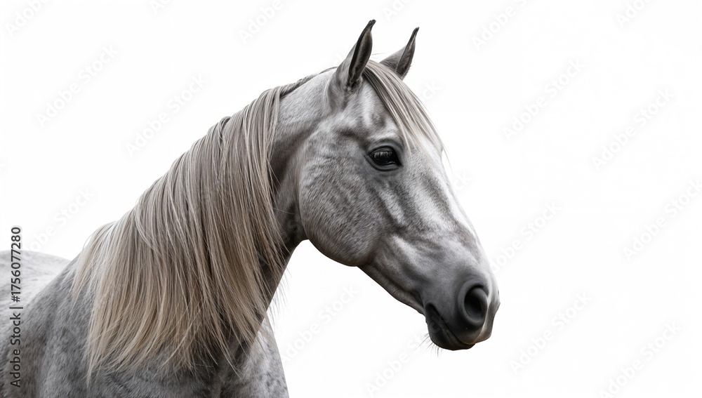 Fototapeta premium Close-up portrait of a grey horse with flowing mane against a white backdrop. Bright and high-key photograph.