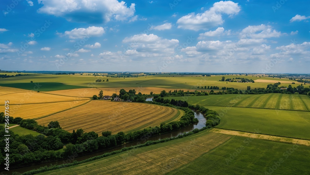 Fototapeta premium Bird's-eye perspective of farmland with lush greenery under a clear summer sky