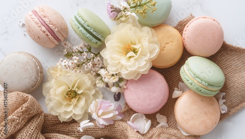 Vibrant Assortment of French Macarons with Floral Decorations on White Surface