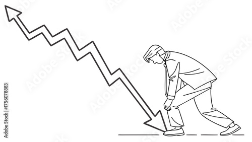 Stressed businessman struggling with financial downturn, pushing against downward trend line, reflecting challenges and economic hardship for business growth