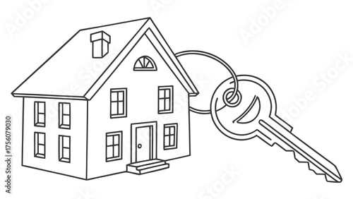Unlock Your Dream Home with this Simple House and Key Illustration, Perfect for Real Estate, Loans, and Home Ownership Concepts, a Classic Symbol of Security