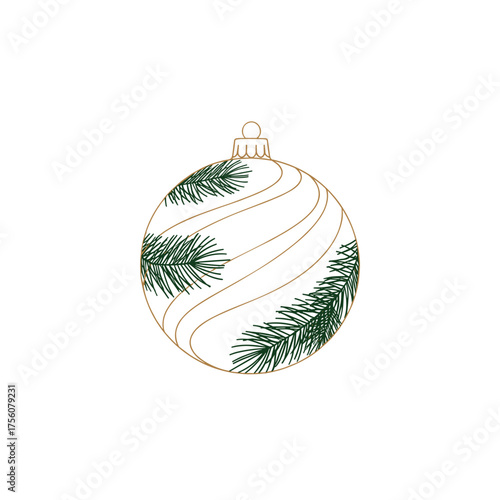Christmas ornament with evergreen branches and decorative swirls  