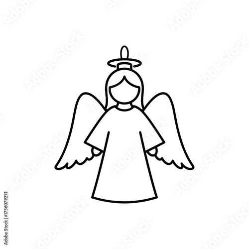 Simple line drawing of an angel with wings and halo  
