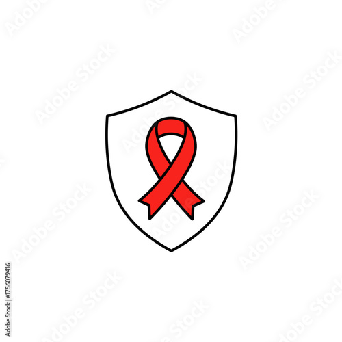 Red ribbon symbol on shield representing awareness and support  