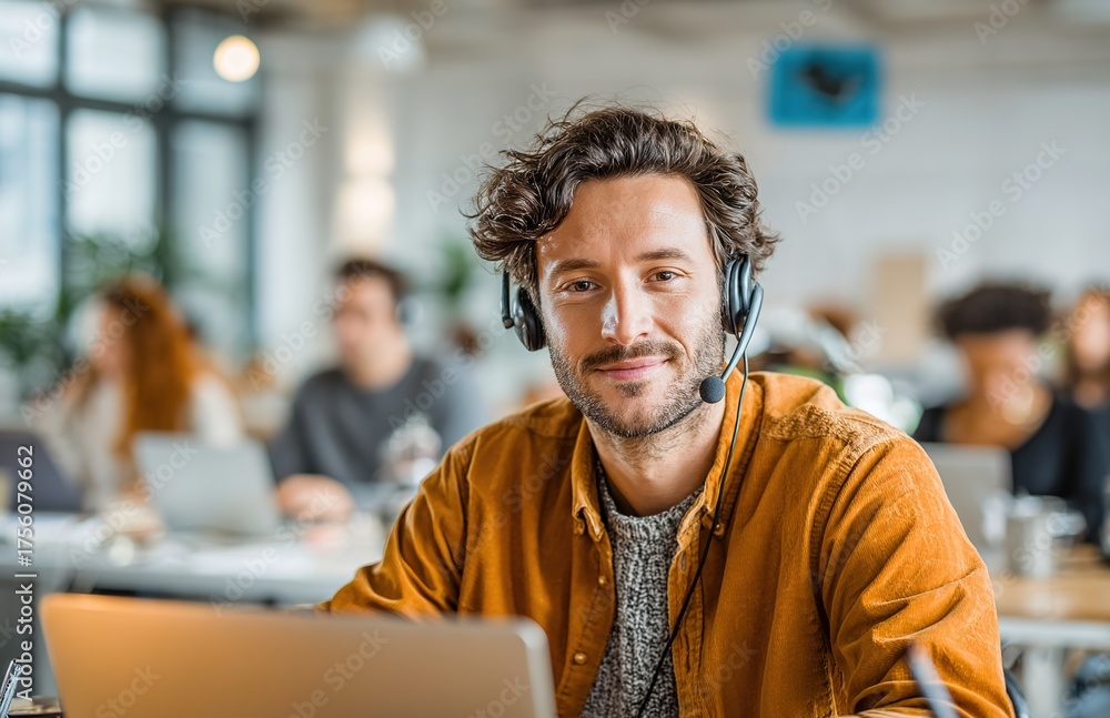 Obraz premium Smiling Support Agent with Headset in Office. Ideal for business, and communication-themed projects. Great for corporate visuals, team content.