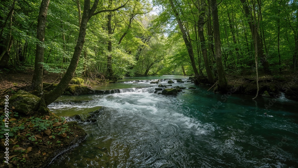 Obraz premium An Elegant Display of Nature's Harmony: A Serene River with Pristine Waters and Verdant Foliage, Forming a Peaceful Sanctuary Where Beauty Thrives in Every Gentle Wave