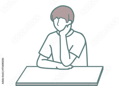 Man resting his chin on his hand while sitting at a desk, shown in color. Ideal for conveying thinking, waiting, or casual moments in business or educational materials.