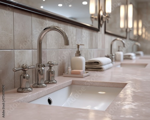 Luxury bathroom interior with modern sink counter and chrome faucet, luxury bathroom design in soft beige tone for spa inspired lifestyle, bathroom decor concept for home and hospitality branding
