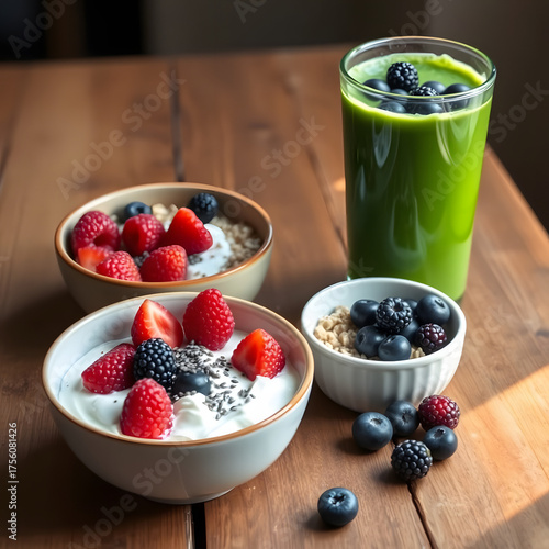 blueberries and raspberries and healthy drink