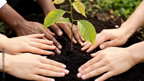 Diverse group of hands planting a young tree together, symbolizing teamwork, growth,