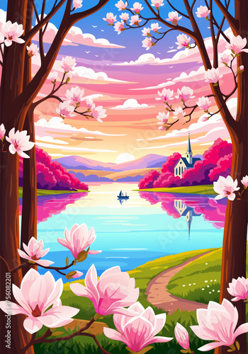 Magnolia Bliss A serene lakeside landscape with pink blossoms and tranquil waters
