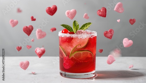 Wallpaper Mural Bright red cherry margarita or daiquiri drink adorned with hearts on a gray backdrop, Valentine's Day theme Torontodigital.ca