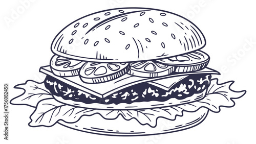 Whimsical burger sketch with tomatoes, cheese, lettuce, and sesame seed bun, perfect for menus and branding, adding a playful touch to your designs