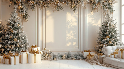 White wall christmas photo zone with decorated trees, wrapped gifts, and plush white sofa, offering elegant seasonal staging for memorable portrait sessions