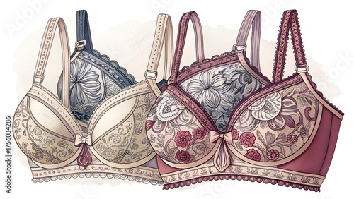 Elegant lingerie with intricate floral designs evokes feminine charm and sophistication, perfect for fashion and lifestyle brands seeking a touch of vintage grace