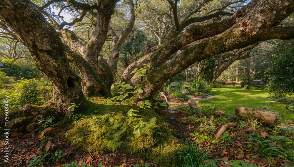 Fototapeta premium Lush moss and ferns thriving beneath towering trees in a garden during spring