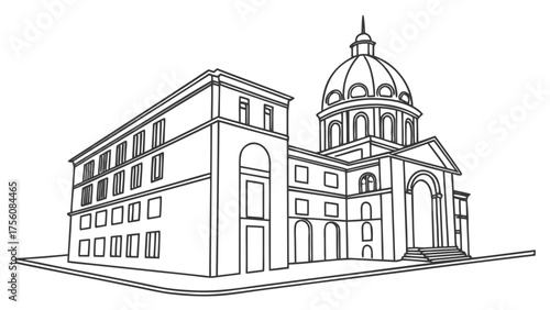 Detailed line drawing of a stately building with a dome for architectural designs, city planning visuals, or historical illustrations for educational materials