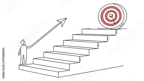 Achieving goals requires climbing steps to reach target, success concept, business growth, career development, aiming for top, reaching for success