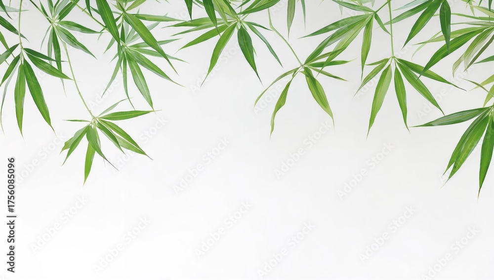 Naklejka premium Isolated green bamboo foliage on a white backdrop, design element for summer, nature and tree concept, space for text, grass and leaf detail
