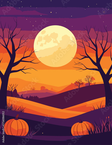 Full moon over pumpkin field in autumn night