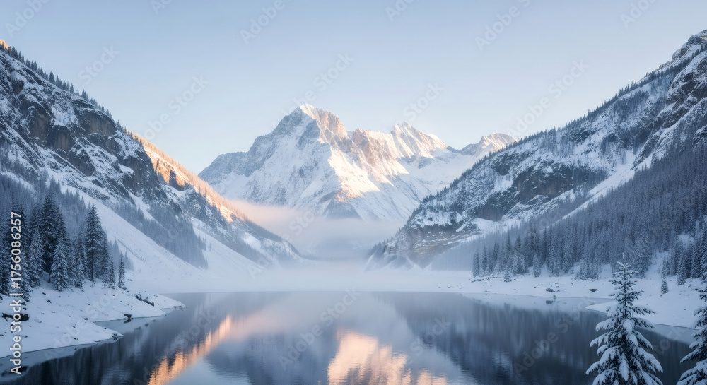 Obraz premium Serene Winter Landscape - Snow-Covered Mountains and Misty Lake.
