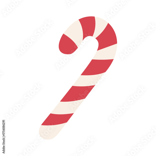 A red and white striped cane is shown in a white background. The cane is a symbol of good luck and is often associated with Christmas