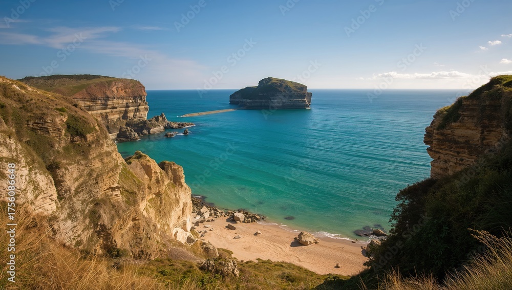 Fototapeta premium Rocky headland featuring high cliffs along the coast