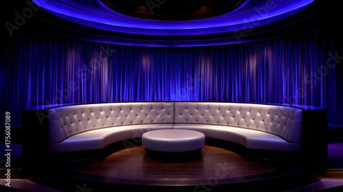 This exclusive nightclub features a plush VIP section illuminated by captivating blue lighting. The elegant seating arrangement invites guests to relax and enjoy their night out