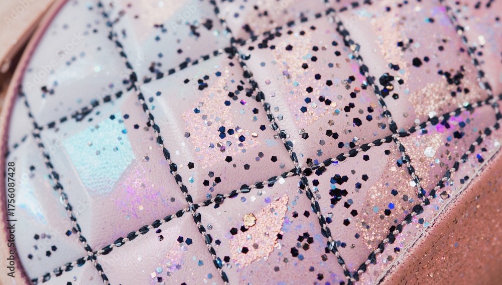 Fototapeta premium Detailed view of a pastel-colored bag featuring black diamond-shaped stitching and a sparkly finish
