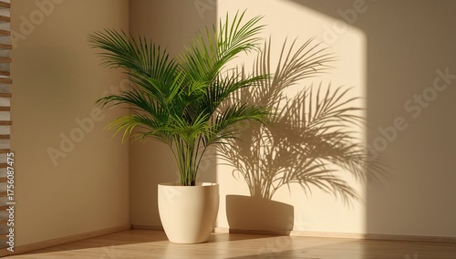 Potted Areca palm soaking up afternoon sun by the wall, creating indoor shadows.