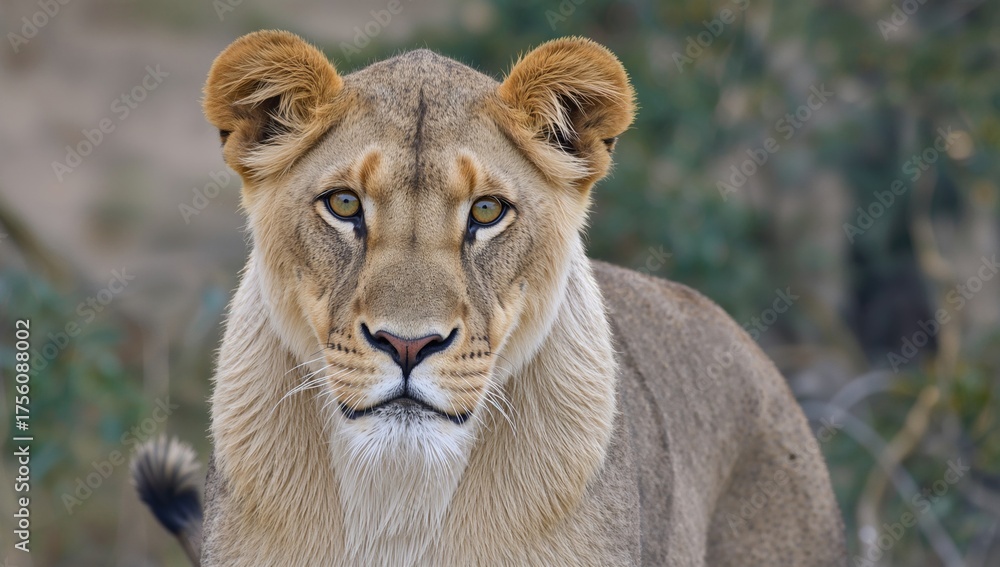 Fototapeta premium A powerful big cat from the Panthera genus with a strong, broad chest, short head, rounded ears, and a tufted tail tip