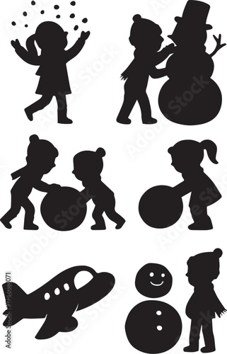 Winter activity icon set in black silhouette style with playful children, snowmen, and seasonal fun for holiday and outdoor themes