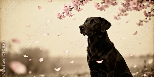 Wallpaper Mural Black dog sitting under falling petals with vintage mood on soft beige background photography Torontodigital.ca