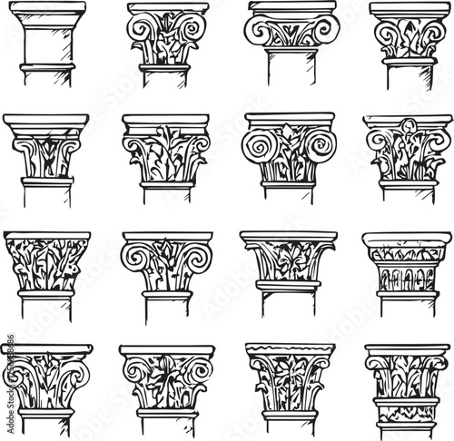 Classical column capital icon set in black line style with Doric, Ionic, and Corinthian designs for architecture and history themes