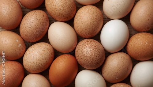 Free-range chickens' brown and white eggs displayed on a vintage surface