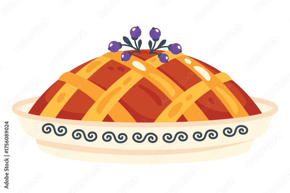 Fototapeta premium Pumpkin pie. Thanksgiving dessert decorated berries. Delisious cake with blueberry. Vector flat Illustration for menu, Thanksgiving, autumn concept, festive table setup, holiday