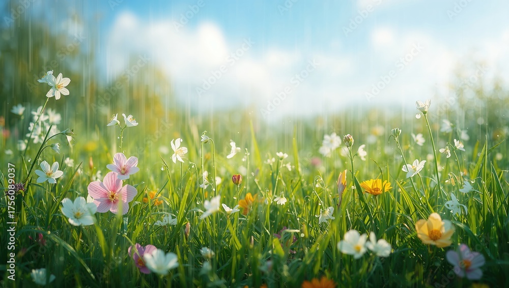 Fototapeta premium Blossoms and greenery following a rainfall