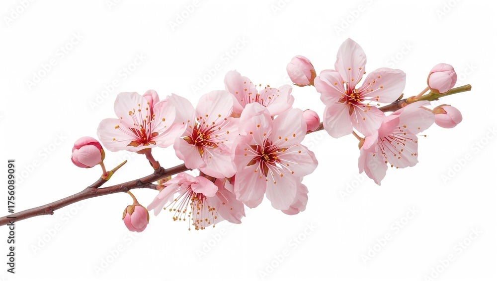 Naklejka premium Isolated cherry blossom flowers on a white backdrop with clipping path.