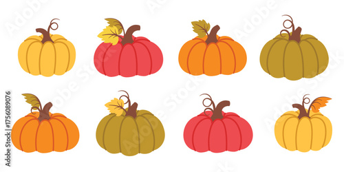 Set of pumpkins isolated. Fall harvest elements in different shapes, sizes, colors. Autumn symbols for Halloween, Thanksgiving, seasonal design, decoration. Vector illustration