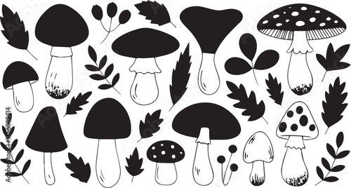 Vector art of a variety of colorful mushrooms and leaves
