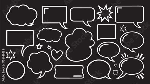 Vector art of collection of various speech bubbles and thought clouds on dark background