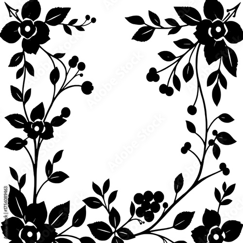 Intricate Black Silhouette Floral Corner Border Design with Flowers, Leaves, and Berries on White Background, Elegant Botanical Frame Illustration