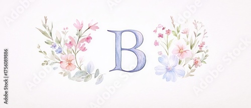 Watercolor floral letter b monogram pastel flower alphabet elegant typography design