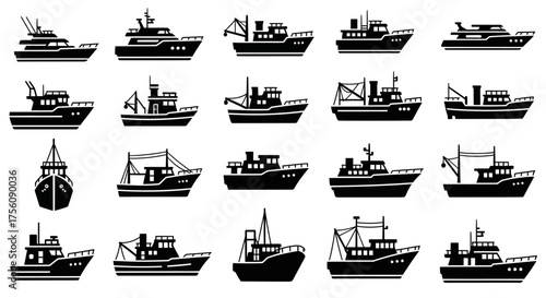 Icon collection of various commercial fishing boats and sea trawlers. A diverse set of black vector ship and vessel silhouettes