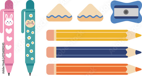 Vector art of cute school supplies with pencils, pens, erasers, and sharpener isolated on white