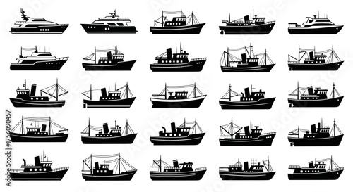 Collection of diverse watercrafts including yachts and fishing vessels depicted in a silhouette style