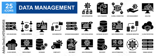 Data Management icon set collection. Containing design Data Integration, Analysis, Database Security, Complexity, Recovery	