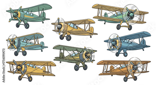 Vintage Biplanes A Collection of Antique Aircraft in Various Colors and Designs for Aviation Projects