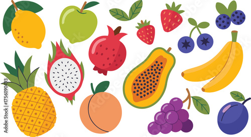 Illustration of various colorful fruits, including pineapple and strawberry